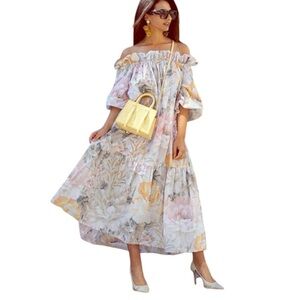 H&M Ruffled Off-Shoulder Midi Dress NWT XS Cottage Prairie Costal Blogger Fave